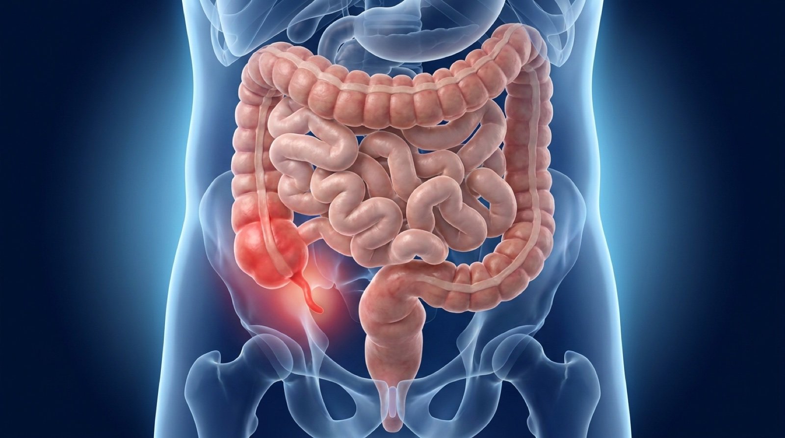Ilustración 3D del abdomen con el intestino grueso y el apéndice inflamado en rojo en la parte inferior derecha