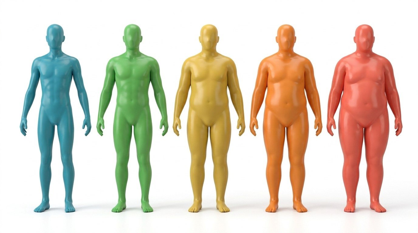 Figuras 3D que representan las categorías del índice de masa corporal: bajo peso, normal, sobrepeso y obesidad